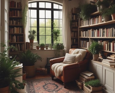 A man reading a book in a cozy study with soft natural light.