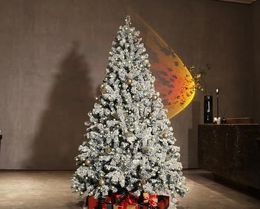 4ft Pre-Lit Snow Flocked Christmas Tree with 1a christmas tree with presents and presents on a table