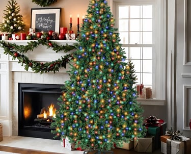 a christmas tree with 350 led colouful lights and decorations