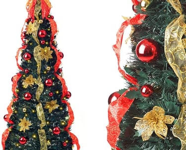 Pre-Decorated & Pre-Lit Snow Flocked, Ready to display sa christmas tree with red and gold ornaments