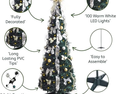 Pre-Decorated & Pre-Lit Snow Flocked, Readya christmas tree with a white ribbon and gold decorations