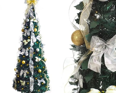 Pre-Decorated & Pre-Lit Snow Flocked, Ready to displaa christmas tree with a white ribbon tied to it