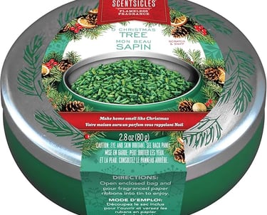 Scents icles O Christmas Tree Flameless Fragrance Potpourri Saca tin tin with a christmas tree in it