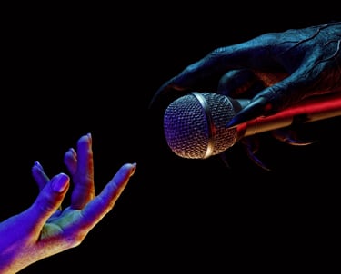 a person holding a microphone and a microphone