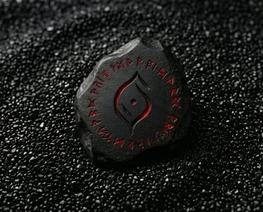 Black ritual stone with red glowing Elder Futhark runes on dark textured sand.