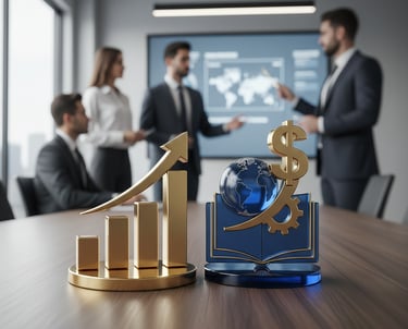 Símbolos de finanças na mesa gráfico de crescimento, livro, globo e engrenagem executivos em reunião