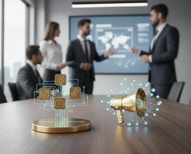 Símbolos de redes sociais conectados e um megafone dourado. Executivos em reunião.