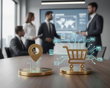 Carrinho de compras digital, ícone de localização e circuitos. Executivos em reunião.