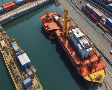 A large cargo ship is prominently displayed with the word 'SHIPPING' painted in bold white letters on its blue hull. The upper section of the ship is stacked with multicolored shipping containers. A person dressed in an orange jacket is in the foreground, partially visible, facing towards the ship.