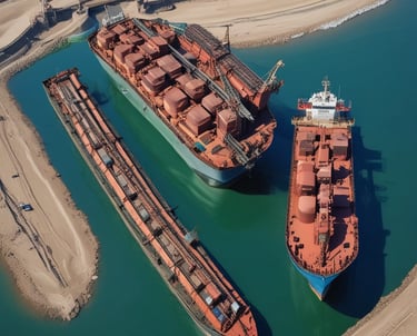A large cargo ship is navigating the water, stacked with red shipping containers labeled 'SHIN YANG.' A smaller vessel is moving alongside by the port, leaving a trail in the water. In the background, cranes and industrial structures are visible against a somewhat cloudy sky.