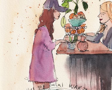 Illustration Falafelteller zwei Frauen an einer Holtheke warmes licht