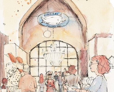 Illustration Markthalle Stuttgart viele Menschen mit Markteinkäufen und Blick auf Fischhalle