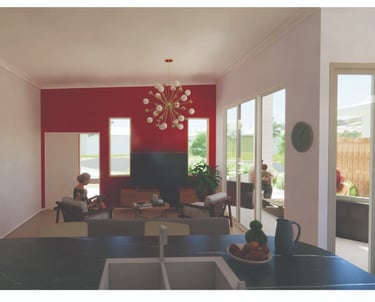 a life like architectural render of a concept a living room with a chandelier