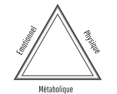 un triangle avec trois mots autour : "Emotionnel" "Physique" "Métabolique" pour illustrer les stress