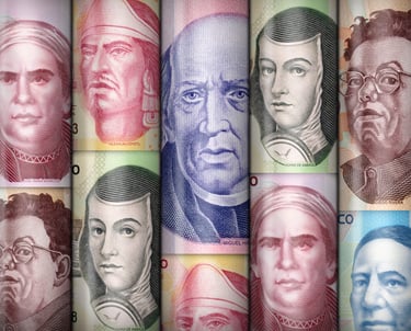 a series of five different types of mexican money bills
