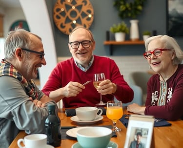 drei älterer Menschen sitzen froehlich zusammen