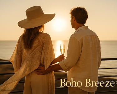 Coppia elegante in abbigliamento boho, con vista mare e spiaggia dorata al tramonto.