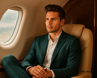 Imprenditore in jet privato: comfort, concentrazione, potere in volo.