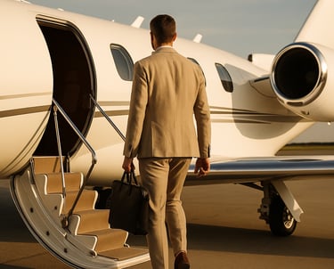 Viaggiatore elegante di spalle che sale sul jet privato.