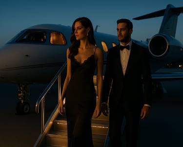 Coppia elegante scende dal jet per una Nocturne Experience in Costa Azzurra.
