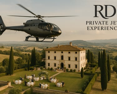 Elicottero per matrimonio esclusivo sorvola una location di lusso in campagna