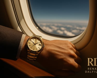 Polso che indossa orologio di lusso davanti al finestrino del jet privato.