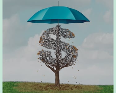Atree shaped as a dollar sign with un umbrella over it symbolizing financial assistance