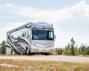 A silver Fleetwood Discovery luxury motorhome parked on a scenic road with pine trees under a blue sky.