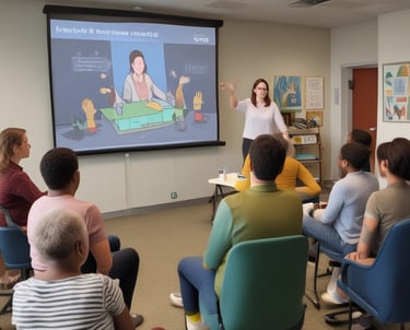 A toddler in a floral-patterned top is being supported by adults holding her hands as she takes steps. One adult is crouched beside her, wearing a striped shirt. The scene conveys a familial and nurturing atmosphere.