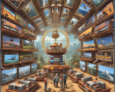 Fireworks light up the night sky above a brightly lit body of water. People are performing water stunts using jet-packs or water-powered hoverboards, creating large plumes of water. Buildings with illuminated facades are visible in the background, adding to the festive atmosphere.