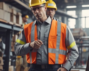 A person wearing a red hard hat and red protective workwear can be seen from behind. The helmet has a 'Safety First' sticker, emphasizing workplace safety. The person appears to be outdoors, and there is a green, blurred background, suggesting a construction or industrial setting.