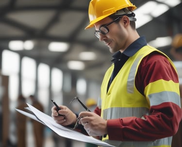 Two construction workers wearing safety vests and helmets walk past a construction site. A sign on the fence reads, 'TEAM WORKS! NO TO ACCIDENT YES TO SAFETY!!!' The background includes a building with blue and yellow exterior colors.