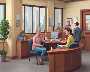 a woman sitting at a desk with a man and woman