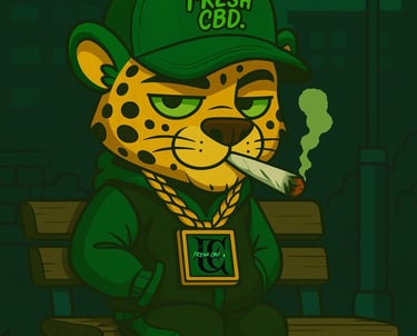 Mascota Fresh CBD sentado en banco con cigarro y farola