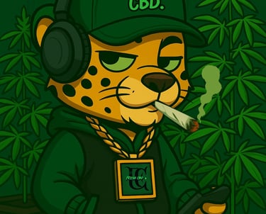  Ilustración de mascota Fresh CBD con planta de cannabis y cigarro