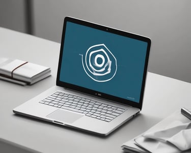 A hand holding a smartphone displaying an article about inspiring places, set in front of a laptop showing a design application with multiple mobile app screens. A water bottle, a small plant, and a cup of coffee are placed on the white desk.