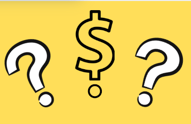 a yellow background with two question marks and a dollar sign