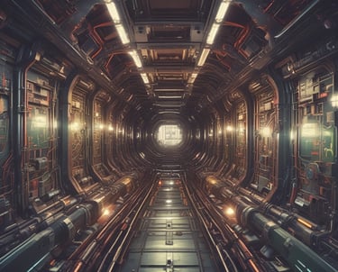 Glowing green and orange circuit board traces forming a futuristic digital motherboard pattern.