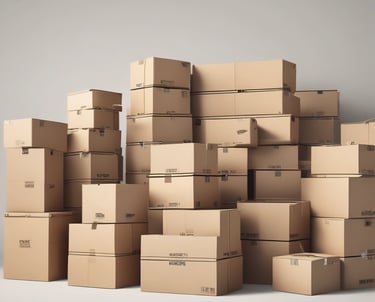 A large, organized warehouse filled with shelves stacked with boxes and electronic parts. Several workers, some wearing lab coats, are engaged in tasks like assembling items. The floor is lined with rows of fans or similar objects.