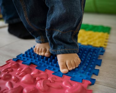 a child's feet on a mat with a toy