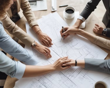 A hand is pointing to a digital interface displaying translucent images of business professionals. In the background, there are blurred figures of people standing in what appears to be a modern office or public space.