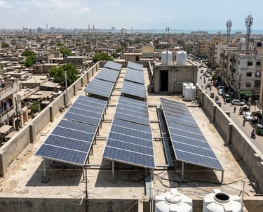 A rooftop solar panel installation on a residential building in a dense urban city.