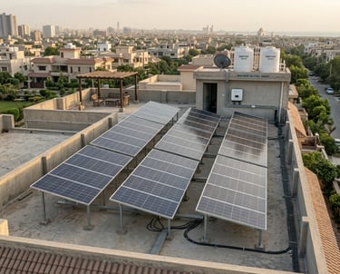 Residential rooftop solar panel installation for clean energy in a dense urban neighborhood.