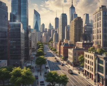 A modern urban scene featuring two curved high-rise buildings against a cloudy sky. In the foreground, a large colorful TORONTO sign is illuminated, accompanied by a series of water fountains. Surrounding the area are additional skyscrapers with lights starting to turn on as evening approaches.