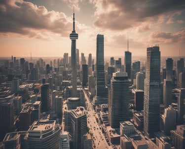 A nighttime cityscape featuring a large, illuminated sign displaying the name Toronto in vibrant letters. The backdrop includes towering buildings with numerous windows, and there are reflections of the lights on the wet ground. Some people are walking by, and the surrounding architecture is modern and distinctive.