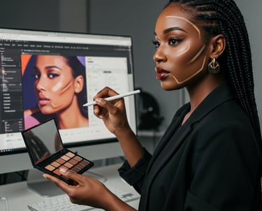 a woman with a digital pen and makeup palette in her hand
