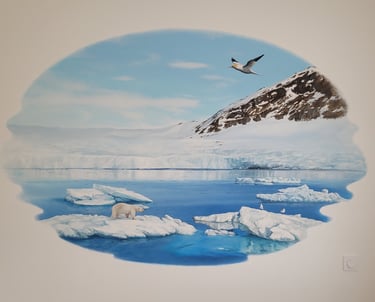 Peinture du glacier de Svalbard dans l'Arctique, ours sur iceberg et oiseaux