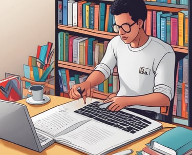 A person is holding a smartphone in their hands, navigating an online library or e-book application with blurred bookshelves in the background, giving a sense of depth and focus on the technology.