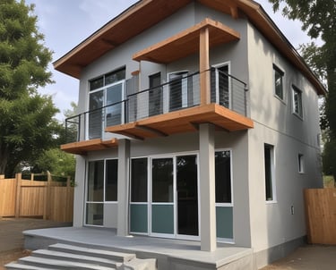 A multi-story residential building features numerous apartments with balconies. Each unit is fitted with air conditioning units attached below the windows. The facade exhibits a uniform pattern of windows and concrete, creating a repetitive architectural style.