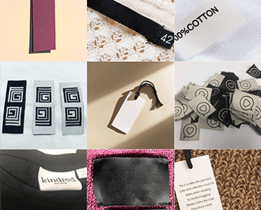 Website banner displaying a collection of woven labels and hang tags in different styles, colors, an